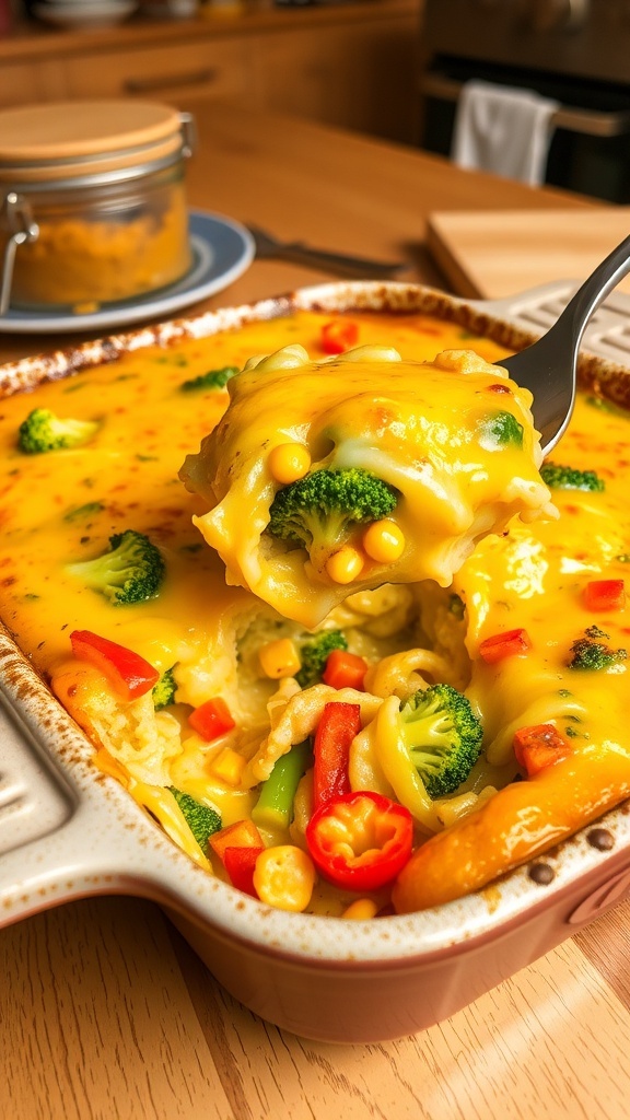 A cheesy vegetable casserole with broccoli, bell peppers, and corn, baked to golden perfection, served in a rustic dish.
